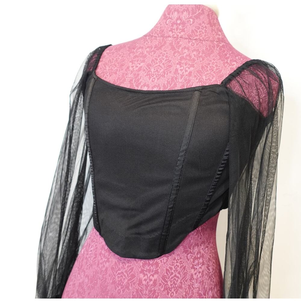 NEW Lace & Beads Black Corset Crop top with Sheer Balloon Sleeves Size 6